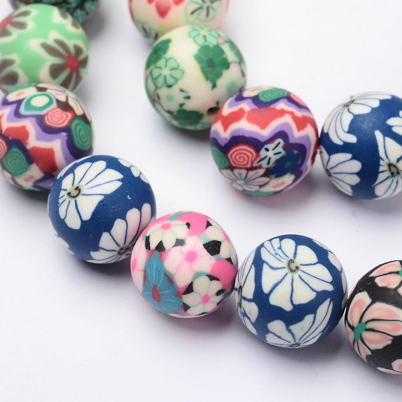 10strands Handmade Polymer Clay Beads Round with Floral Pattern Mixed color 12mm