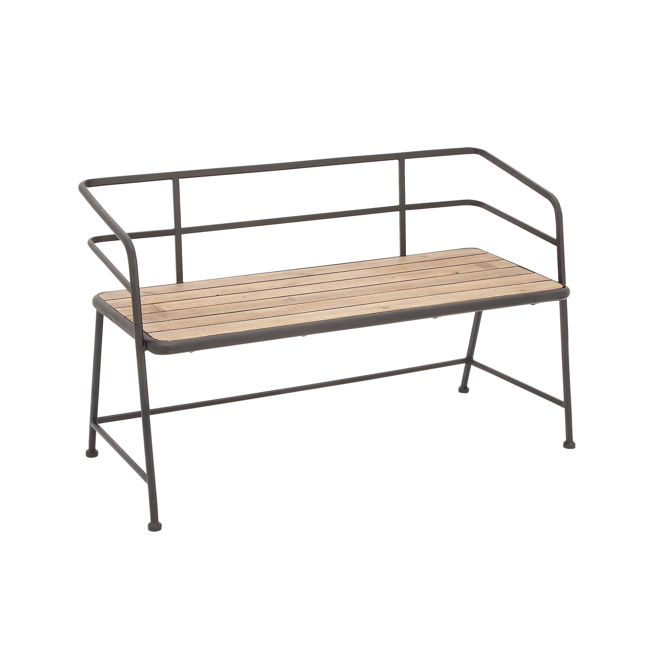 DecMode Metal Bench with Brown Wood Seat, Black