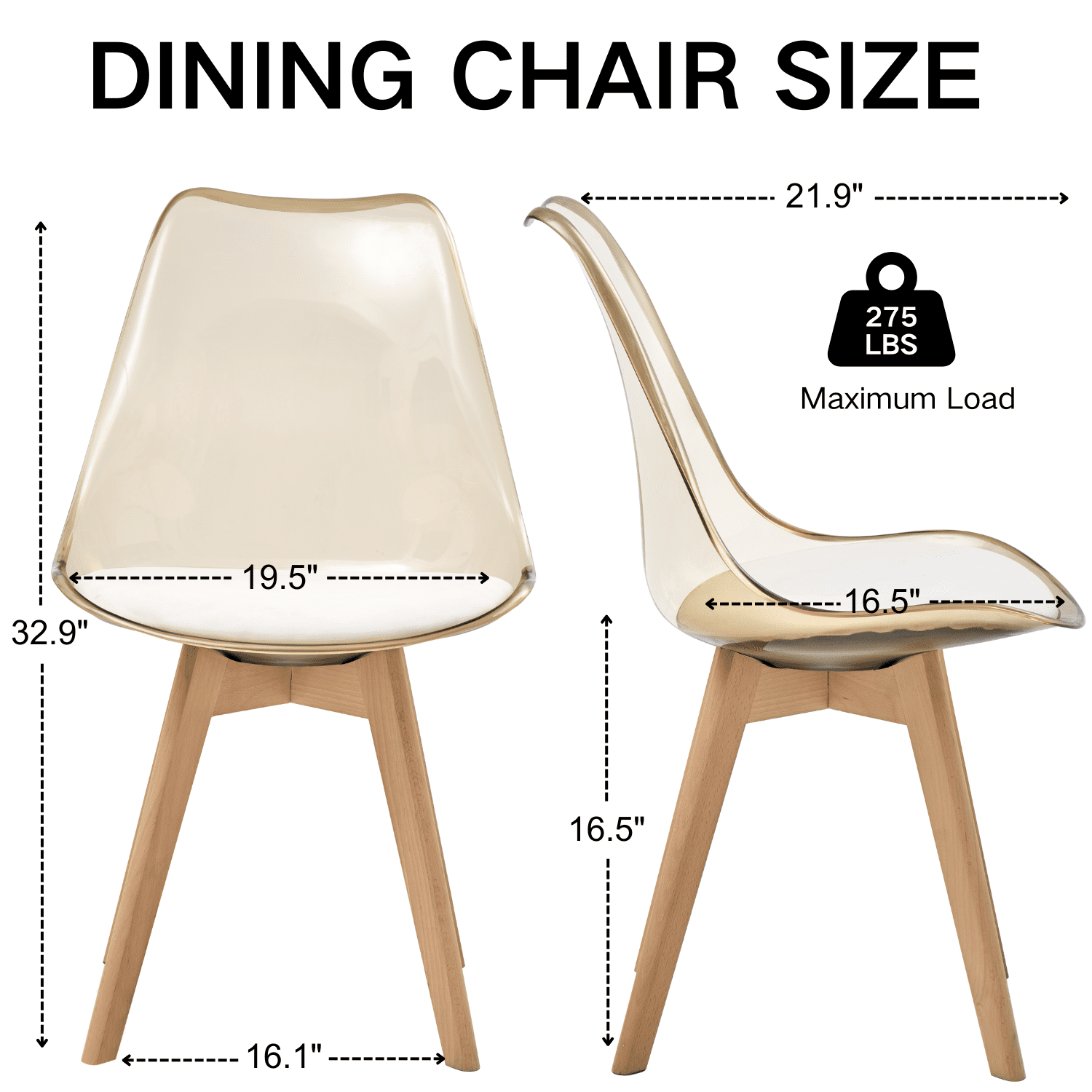 Dining Chairs Set of 4, Clear Acrylic Mid Century Modern Kitchen Chairs with Soft Padded and Wood Legs for Dinner, Living Waiting Room, Bedroom, Apartment, Light Brown