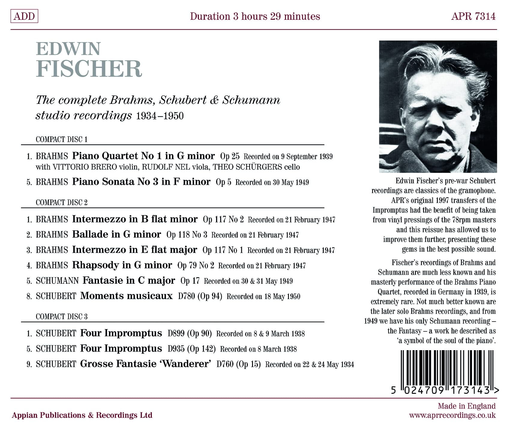 Edwin Fischer - Complete Brahms Schubert - Music & Performance - CD