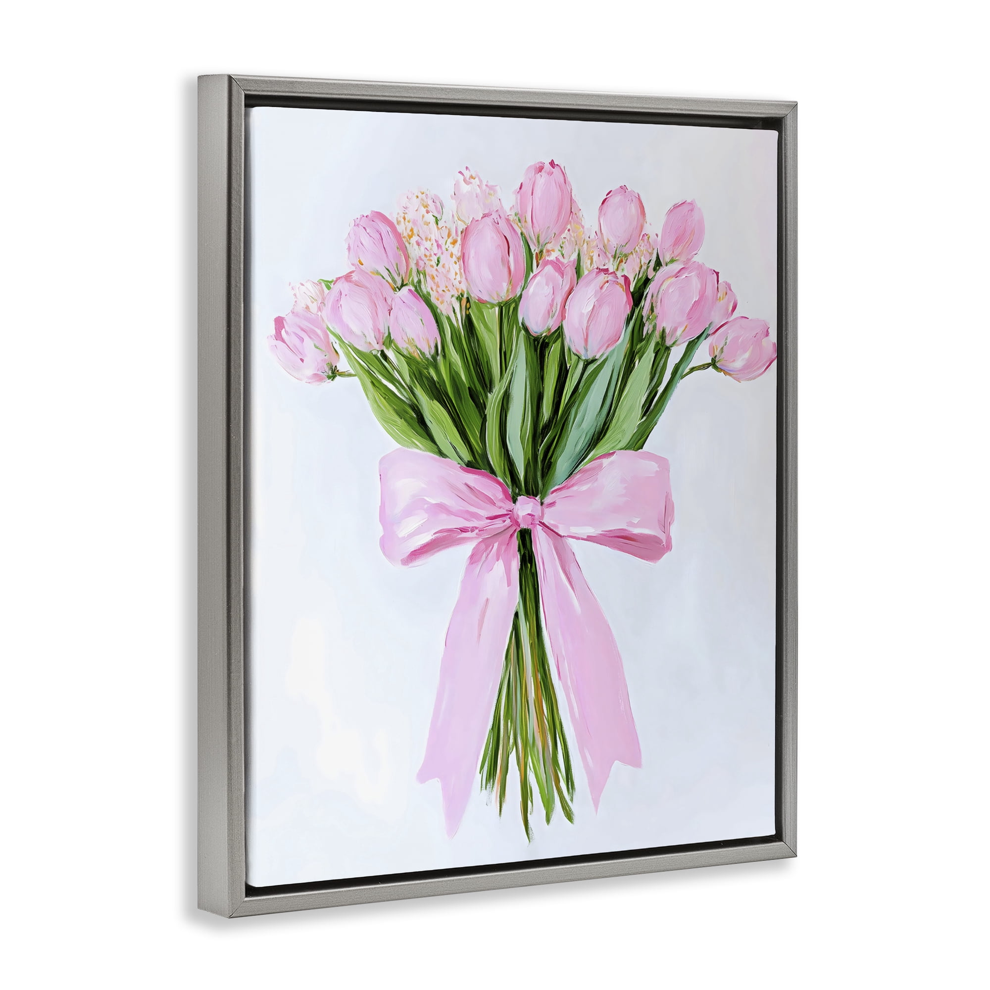 Stupell Industries Soft Pink Tulips with Ribbon Gray Framed Floater Canvas Wall Art, design by The Prints Vibe