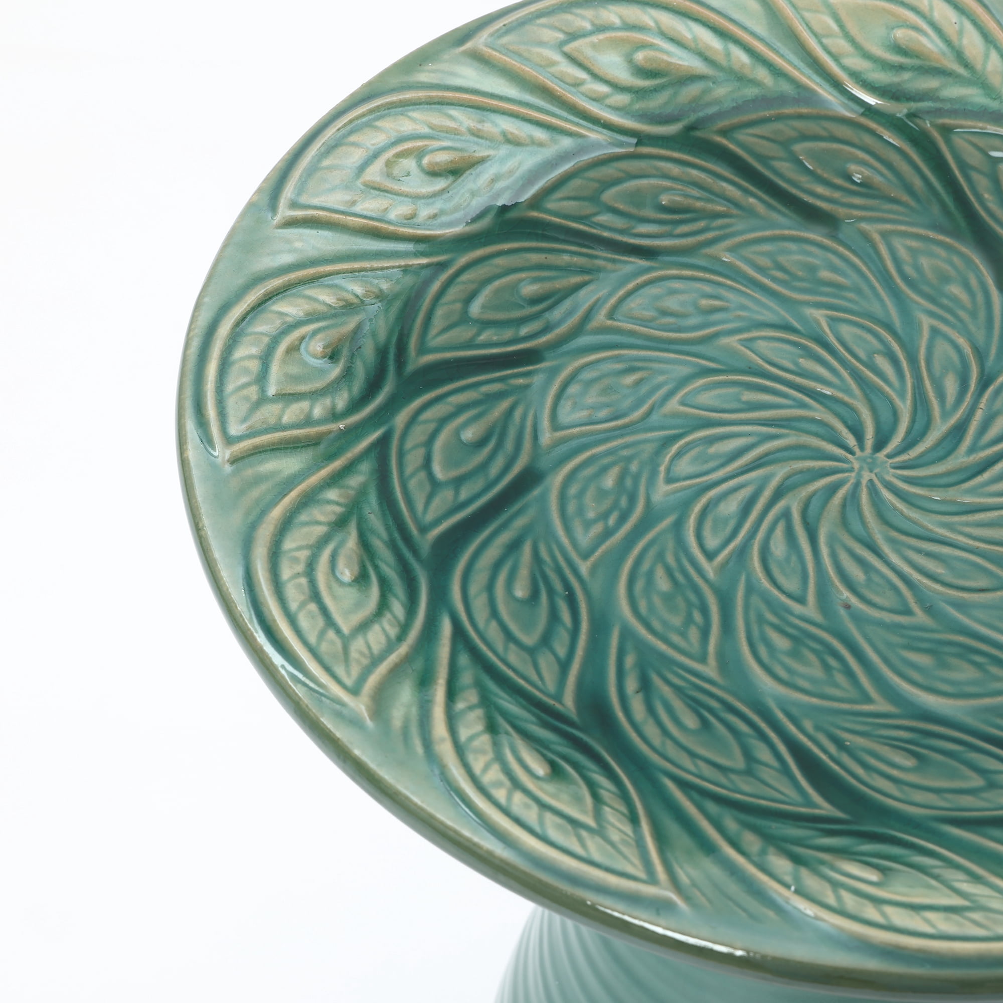 LuxenHome 20.5" Elegant Ceramic Bird Bath for Outside with Leaf Pattern, Jade Green