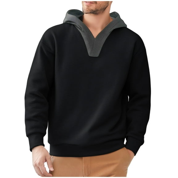 CQONEPT Mens Fleece Hoodies V Neck Fleece Sweatshirts Dressy Casual Hooded Solid Trendy Pullover Hoodies Black M