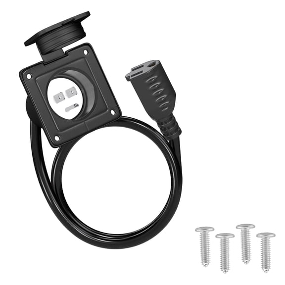 RVGUARD 15 Amp 125V AC Power Inlet Port Plug with Integrated 24" Extension Cord, NEMA 5-15 Flanged Inlet, Compatible with Waterproof Front & Back Covers(Black ETL Approved)