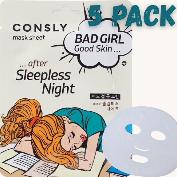 CONSLY BAD GIRL After Sleepless Night K-Beauty Korean Sheet Mask, Hyaluronic Acid, 5 Pack