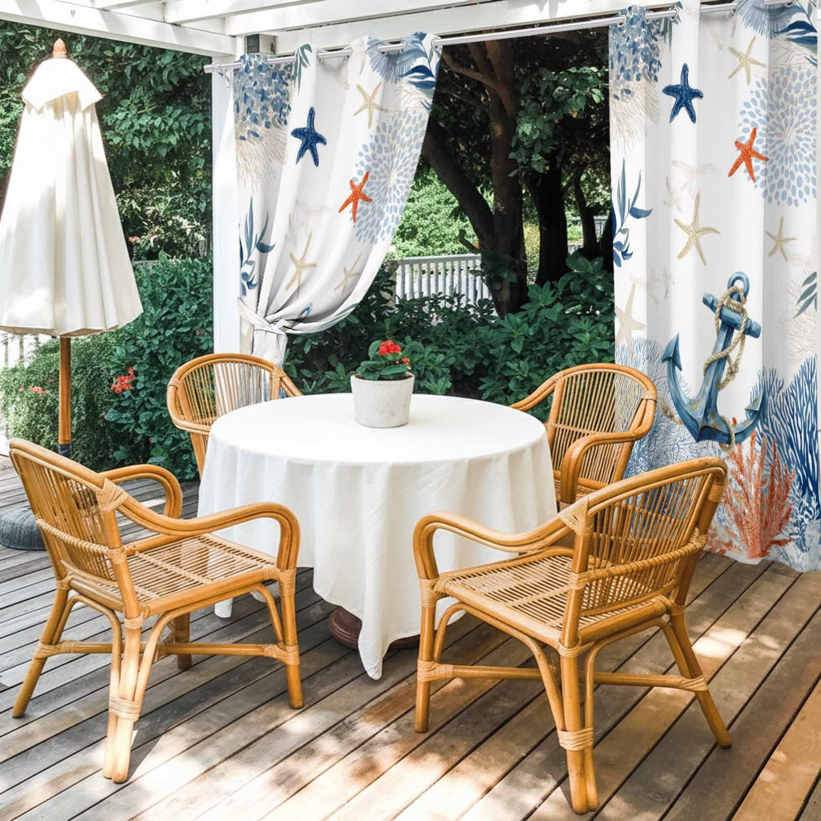 Ocean Anchors Outdoor Curtains for Patio, Orange Blue Summer Sea Corals Shells Starfish Sunshade Privacy Drapes Grommet Waterproof Outside Curtains for Porch/Cabana/Balcony 54"x 108", 1 Panel
