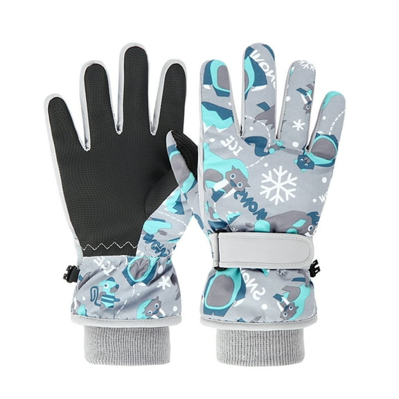 Children's Cartoon Print Winter Gloves, Waterproof Ski Gloves for Kids, Thermal Insulated Cold Weather Gloves, Windproof Snow Play Gloves for Boys and Girls Grey