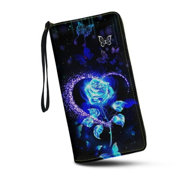 Blue Rose Wallet for Women Leather RFID Blocking Design Zip Around Card Holder Organizer Ladies Travel Clutch Wristlet