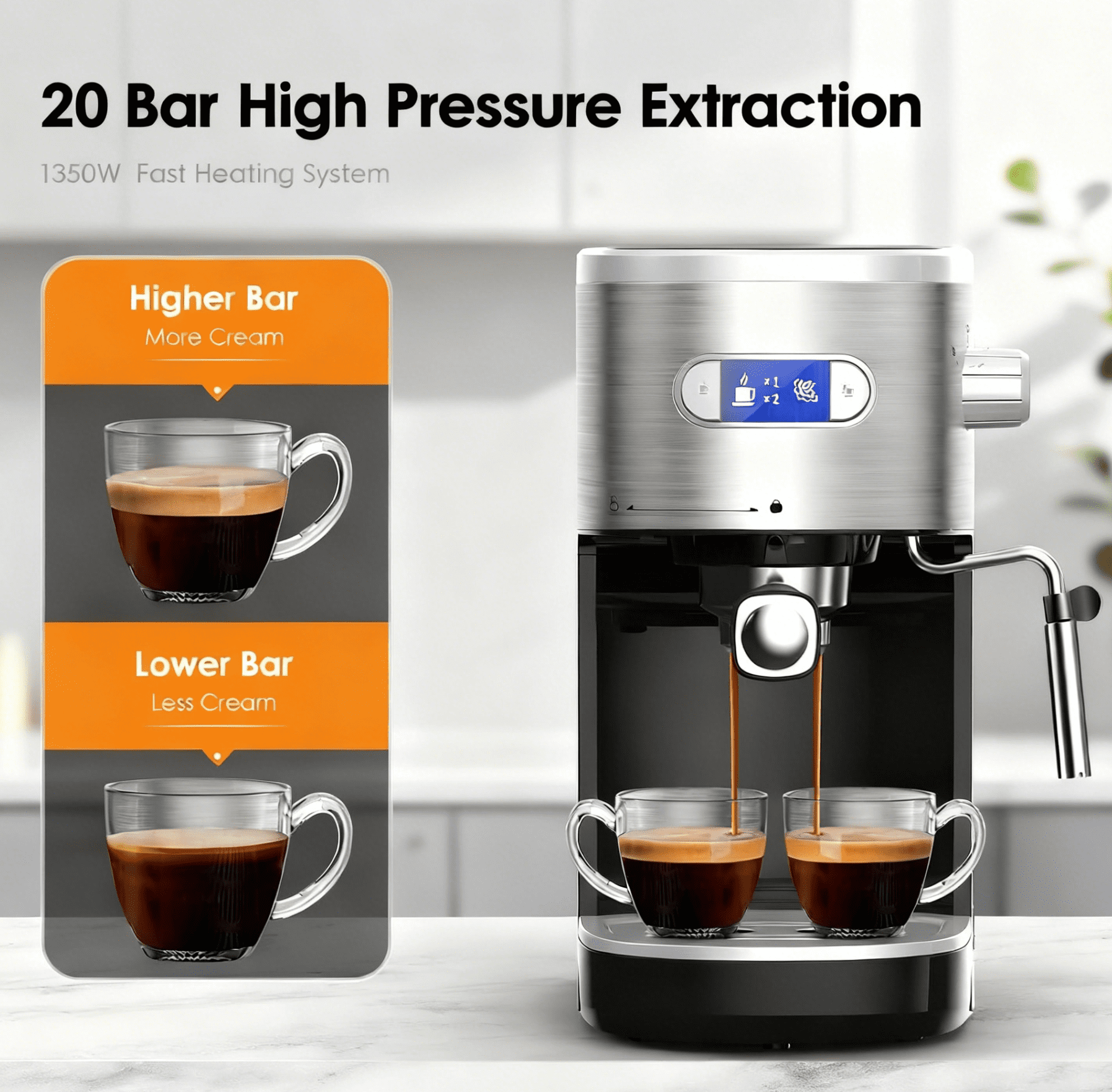 FREE VILLAGE Espresso Machine 20 Bar, Compact Espresso Coffee Maker with Milk Frother Steam Wand, Expresso Coffee Machines with 45 OZ Removable Water Tank for Cappuccino, Latte, Home