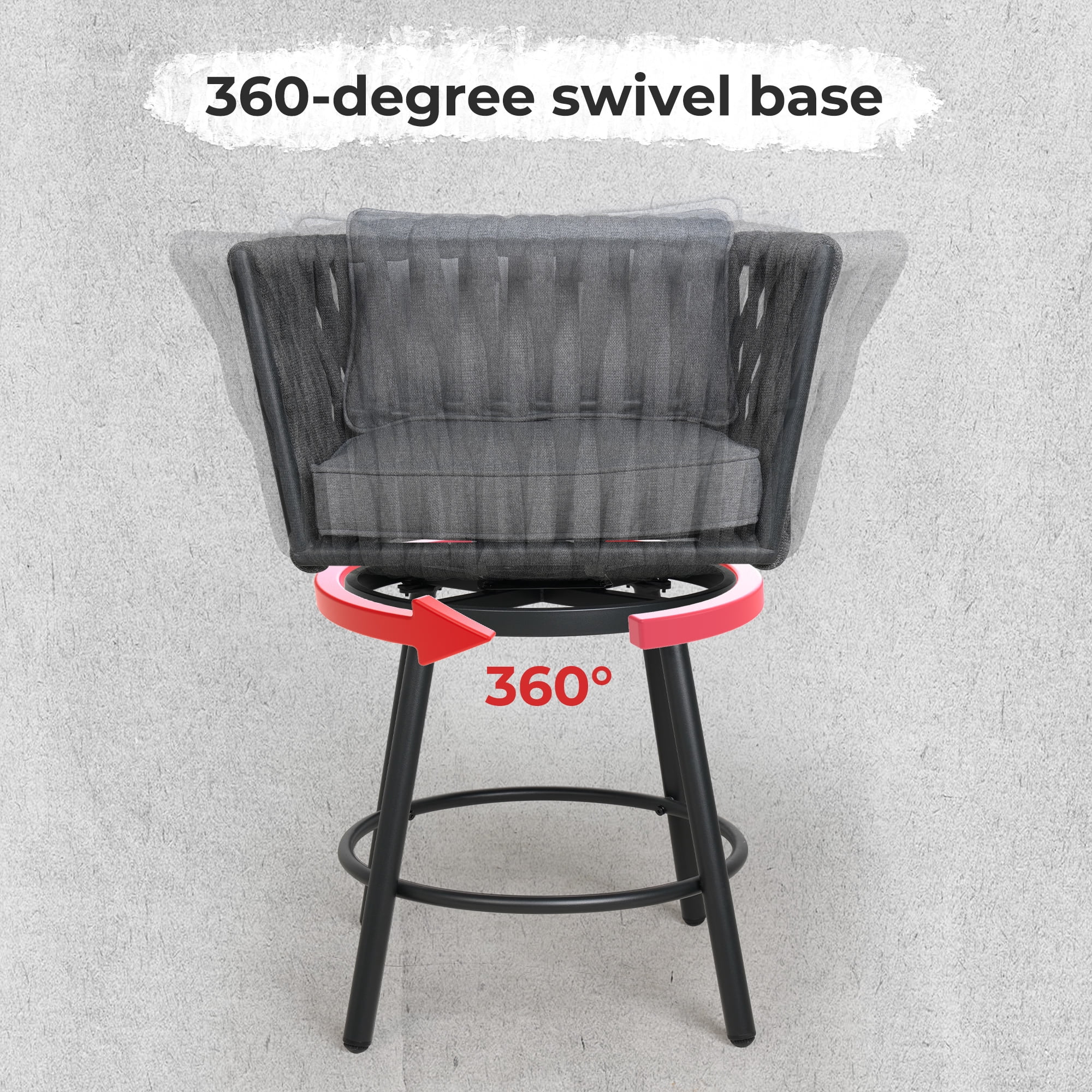 GRANDPATIO Outdoor Patio High Bar Chairs Set of 2,Swivel Rope Wicker Patio Dining Chairs with Removable Cushions,Charcoal