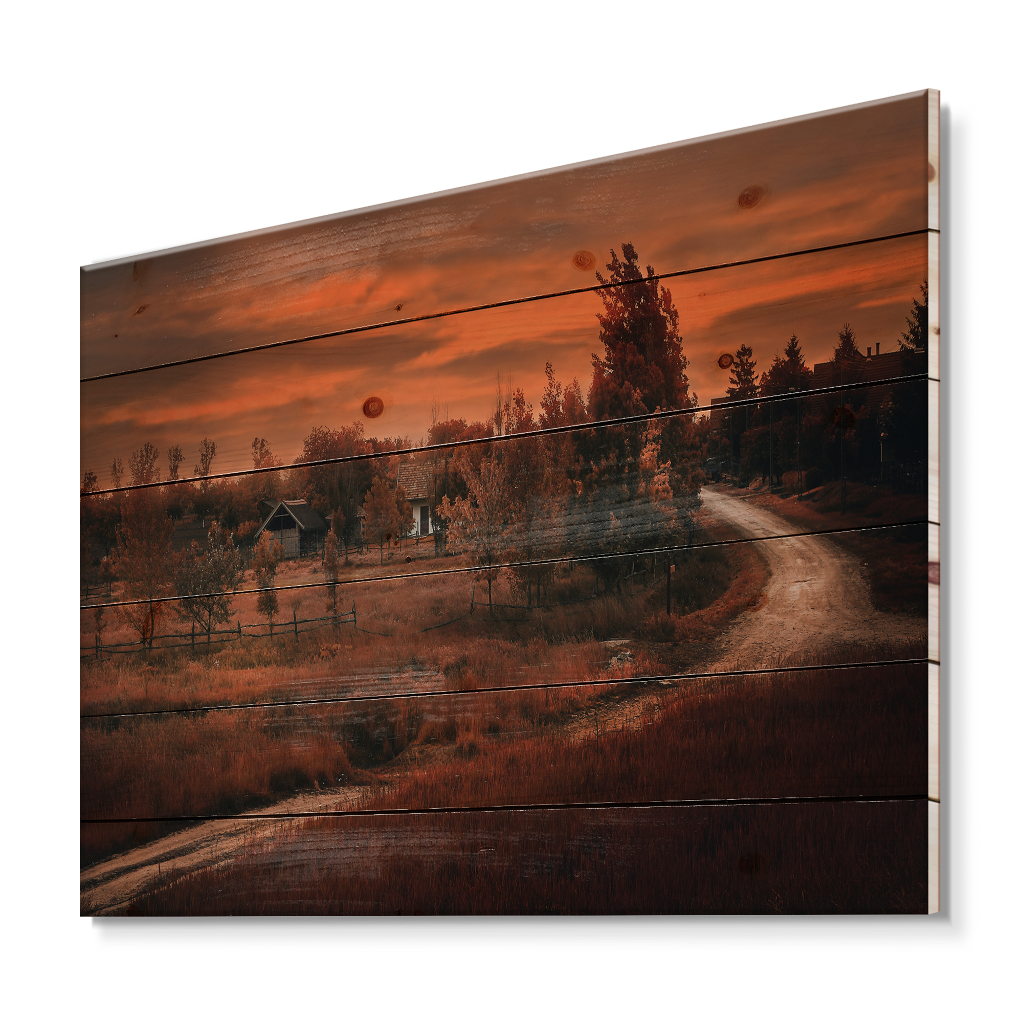 Designart 'The Road By The Farm In Dark Pink Sunset' Farmhouse Print on Natural Pine Wood
