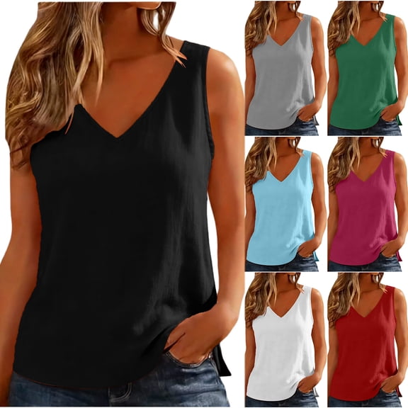 Otntypg Linen Tank Tops for Women Dressy Casual Summer Sleeveless V Neck Side Slit Basic Solid Color Camisole Vest Loose Lightweight Comfy Beach Vacation Outfit Clothes Red XXL