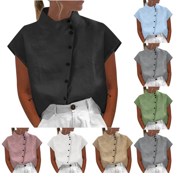Inverlee Womens Cotton Linen Button Down Tops Trendy Mock Neck Cap Short Sleeve Shirts Summer Casual Loose Fit Blouses