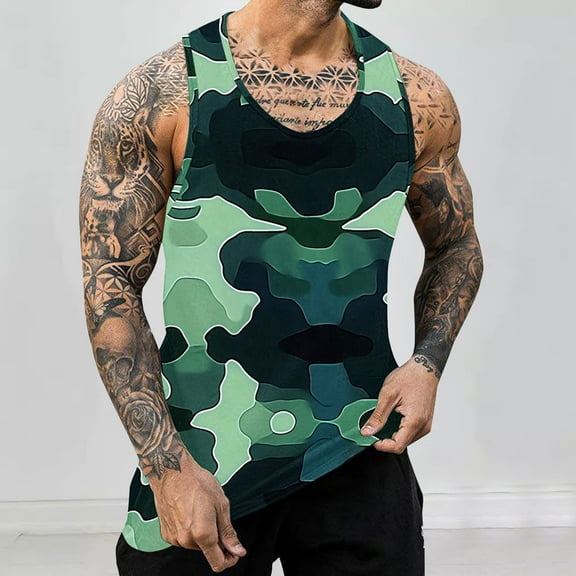 WAVSUF Summer Sports Tank Tops for Mens Quick Dry Vest Muscle Gym Undershirts Tank Printed Tie Dyeing Sleeveles Pullover Camouflage Size 2XL