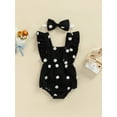 thumbnail image 2 of Baby Girls 2Pcs Summer Outfits, Fuzzy Dots Pattern Ruffle Sleeve Backless Romper + Headband Set, 2 of 9