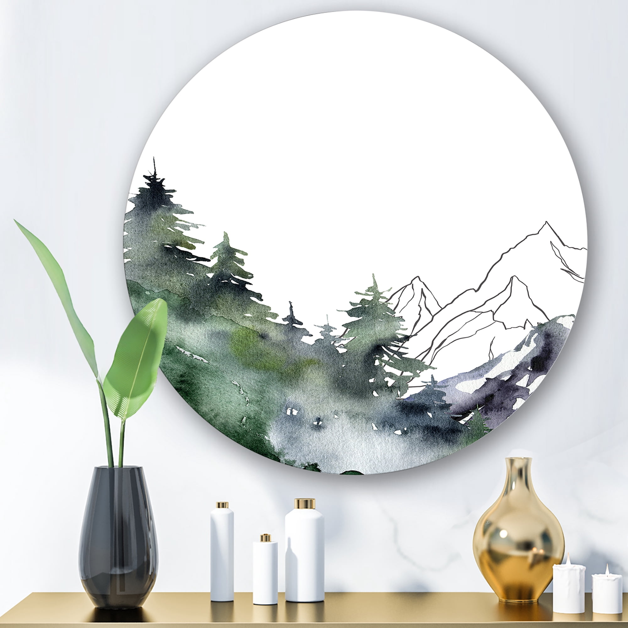 Designart 'Trees With Winter Dark Blue Mountain Landscape III' Modern Circle Metal Wall Art 23x23 - Disc of 23