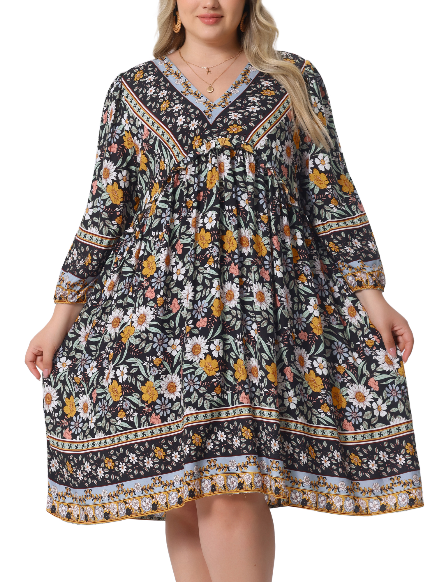 DARING DIVA Women's Plus Size Casual Boho Floral V Neck 3/4 Sleeve Dress 2X Black Yellow