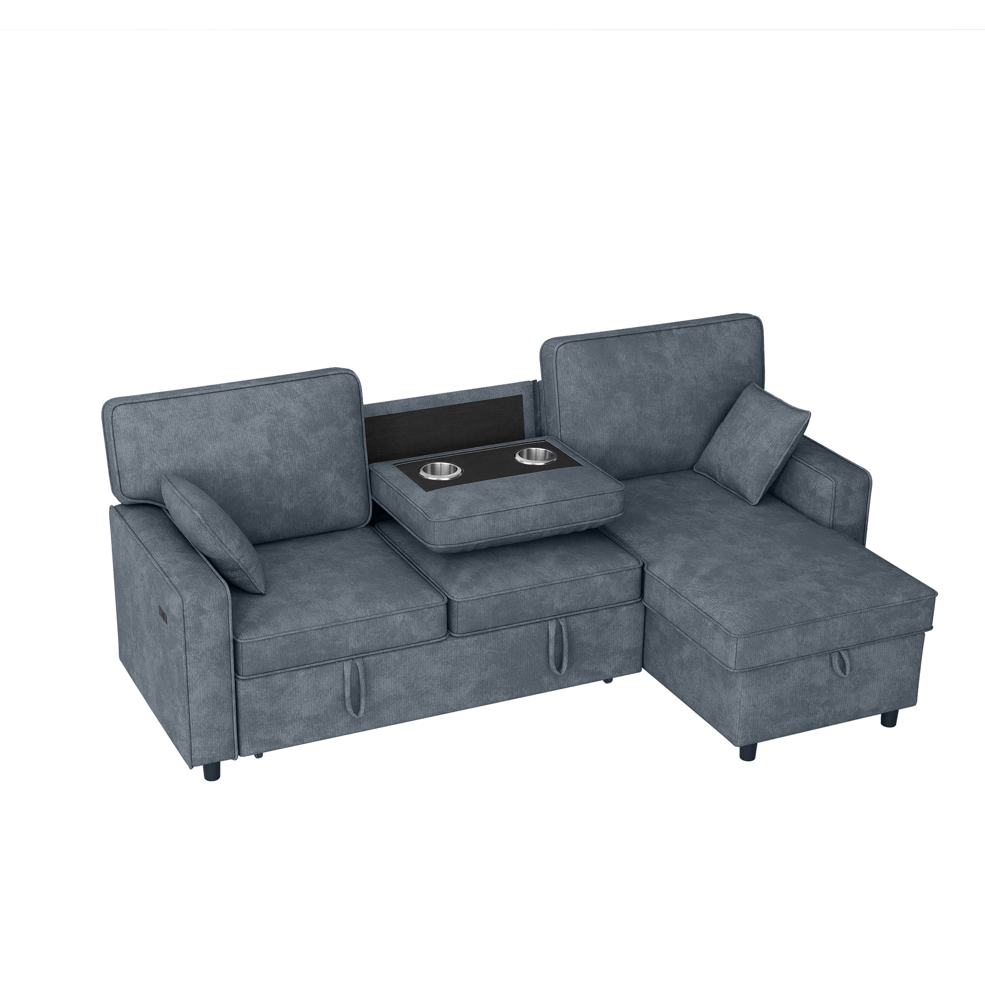 Howcool Sectional Sleeper Sofa,L Shaped Chenille Convertible Sofa Bed 89" 3 Seater with Flip-Down Center Console & USB Charging Ports,Pull Out Couch for Living Room Apartment Office,Blue