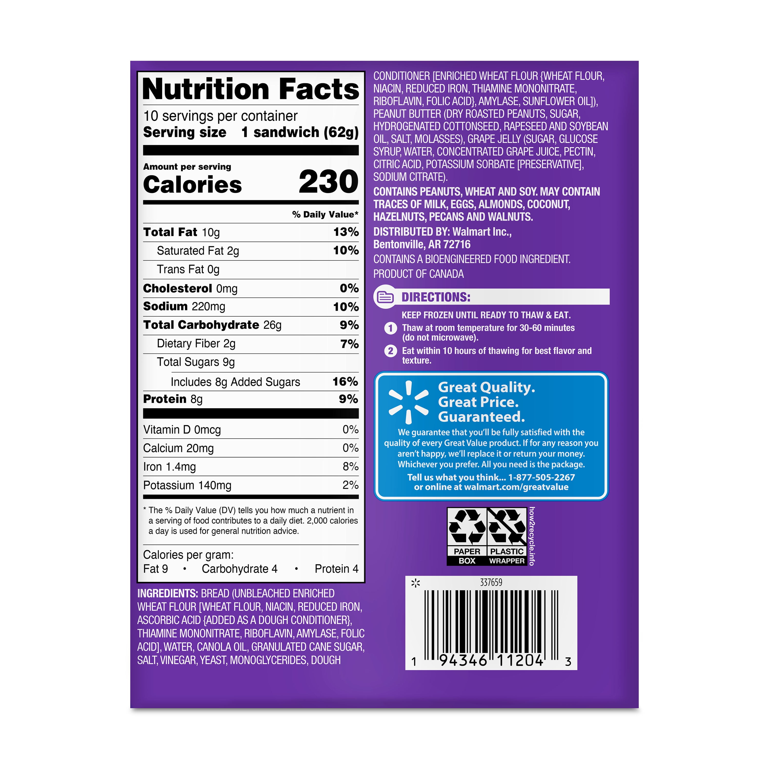 Great Value Peanut Butter & Grape Jelly Sandwiches, 10 Count, 2.2 oz