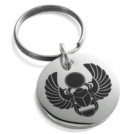 Beetle Specimen Keychain Stainless Steel Scarab Beetle Sacred Sun Engraved Small Medallion Circle Charm Keychain Keyring ()