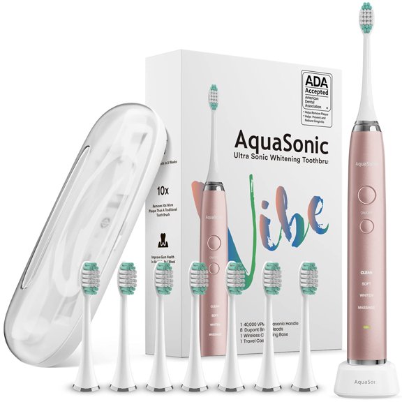 Cepillo de Dientes Ultra Blanqueador Serie Vibe Eléctrico 8 Cabezales y Estuche Ultrasónico Rosa Dorado AquaSonic AS-86566576