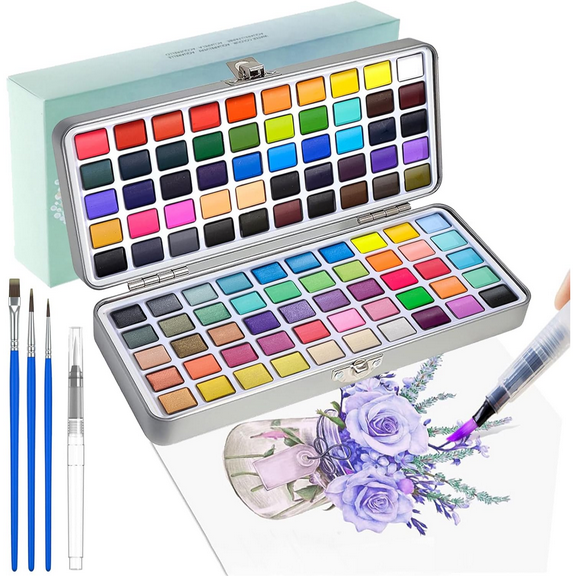 Watercolor Paint Set 100 Colors,50 Regular,35 Metallic,10 Macaron and 5 Fluorescent Colors,Portable with Carrying Case,Water Brush Pens,Travel Watercolor Set for Artsits,Amateur,Painting Lovers