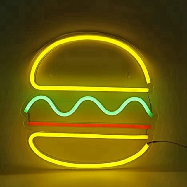 Letrero de neón con forma de hamburguesa, luz de neón alimentada por USB, decoración de pared, decoración del hogar, para bodas, tiendas y restaurantes