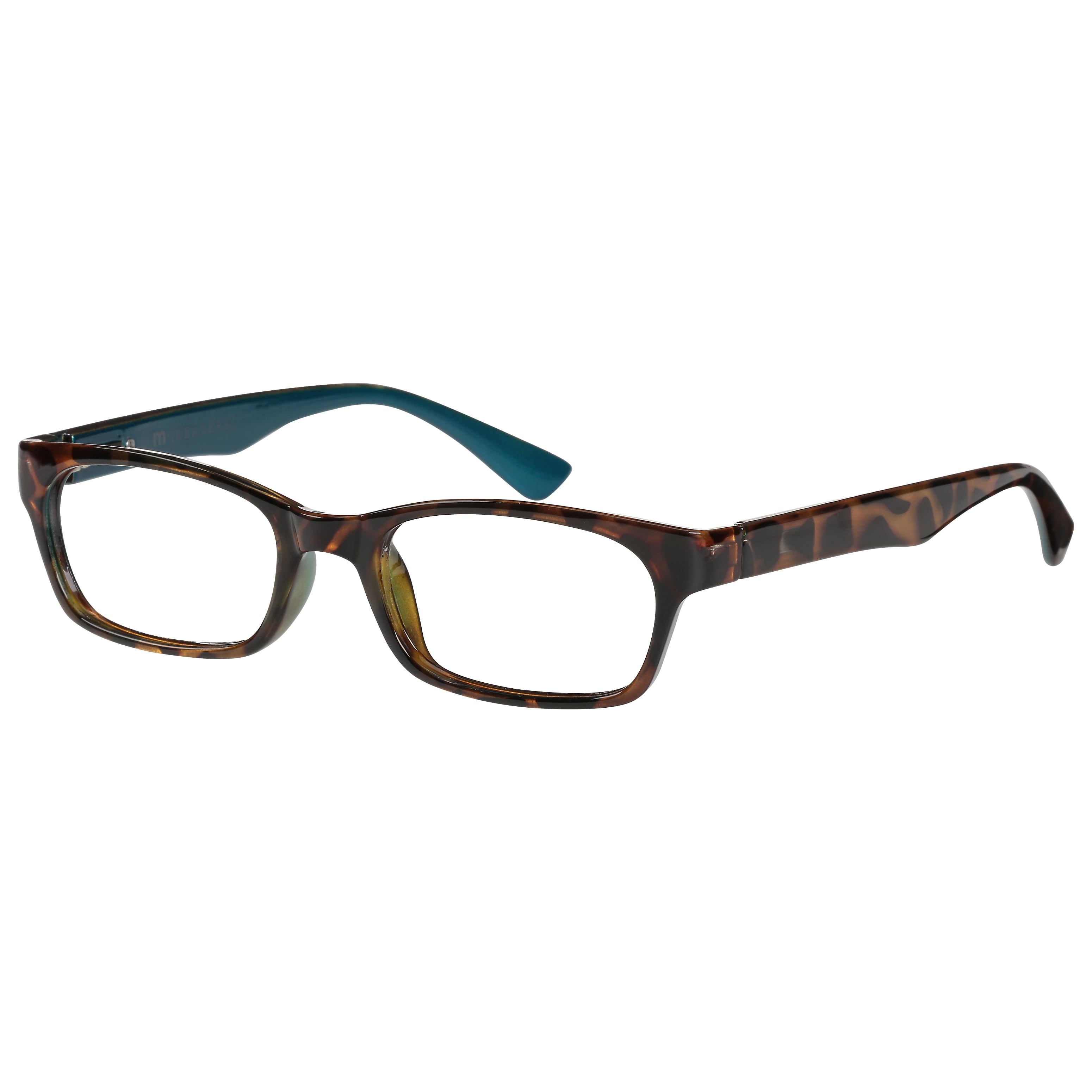 M+ Womens Rectangular Plastic Reading Glasses 3.25 Colleen in Tortoise with Teal Inner Color