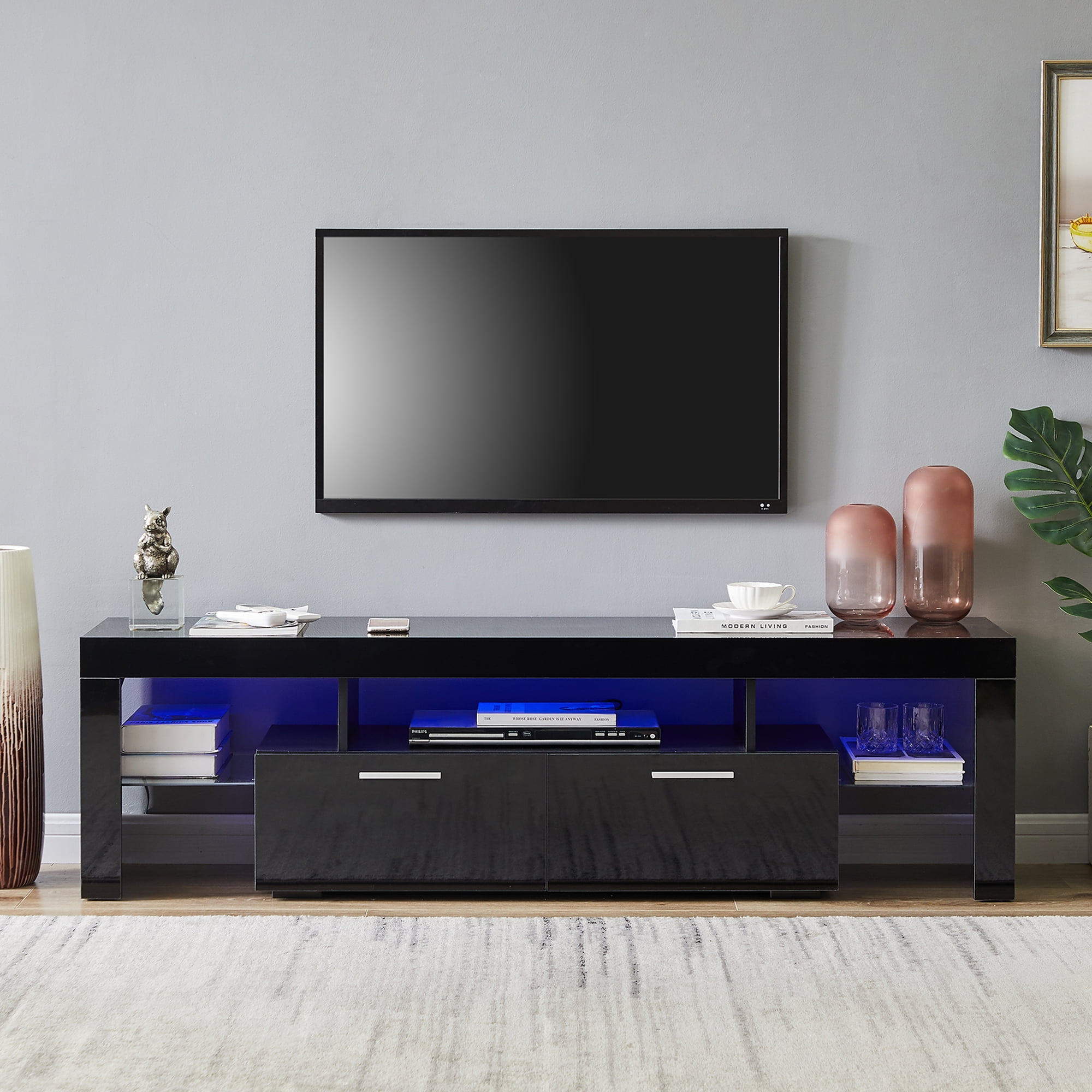 High Gloss TV Stand Unit Cabinet with LED Lights Shelves Living Room Furniture 