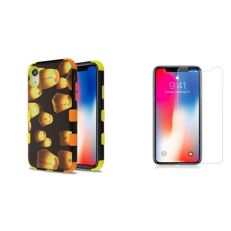 - TUFF Hybrid Series Impact Resistant Phone Case (Lanterns) Compatible with Apple iPhone XR with Tempered Glass Screen Protector and Atom Cloth