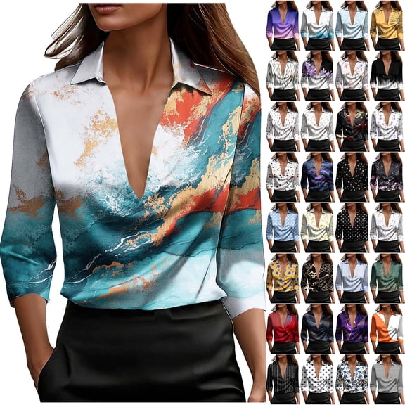 JTZGDY Womens Business Casual Silk Satin Tops Elegant Dressy Work Vintage Color Block/Floral Printed Long Sleeve Collared T-Shirts Loose Fit Deep V Neck Tunic Blouses Cute Spring Summer Outfits