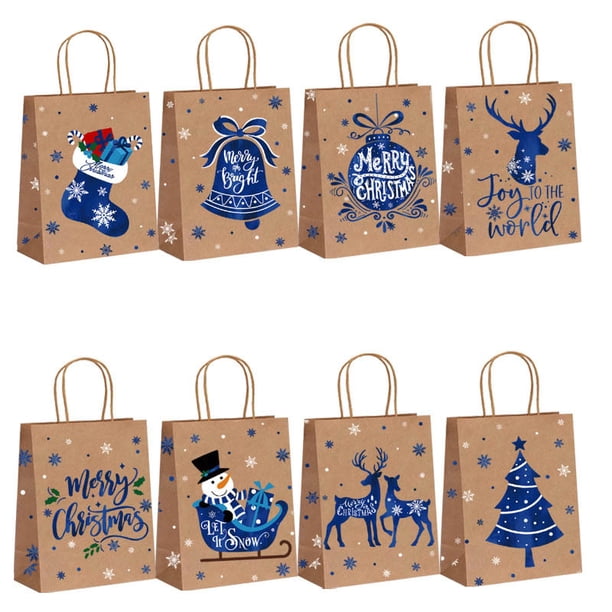 Bolsa de regalo azul navideña, papel kraft, 22 x 16 x 8 cm, 10 unidades