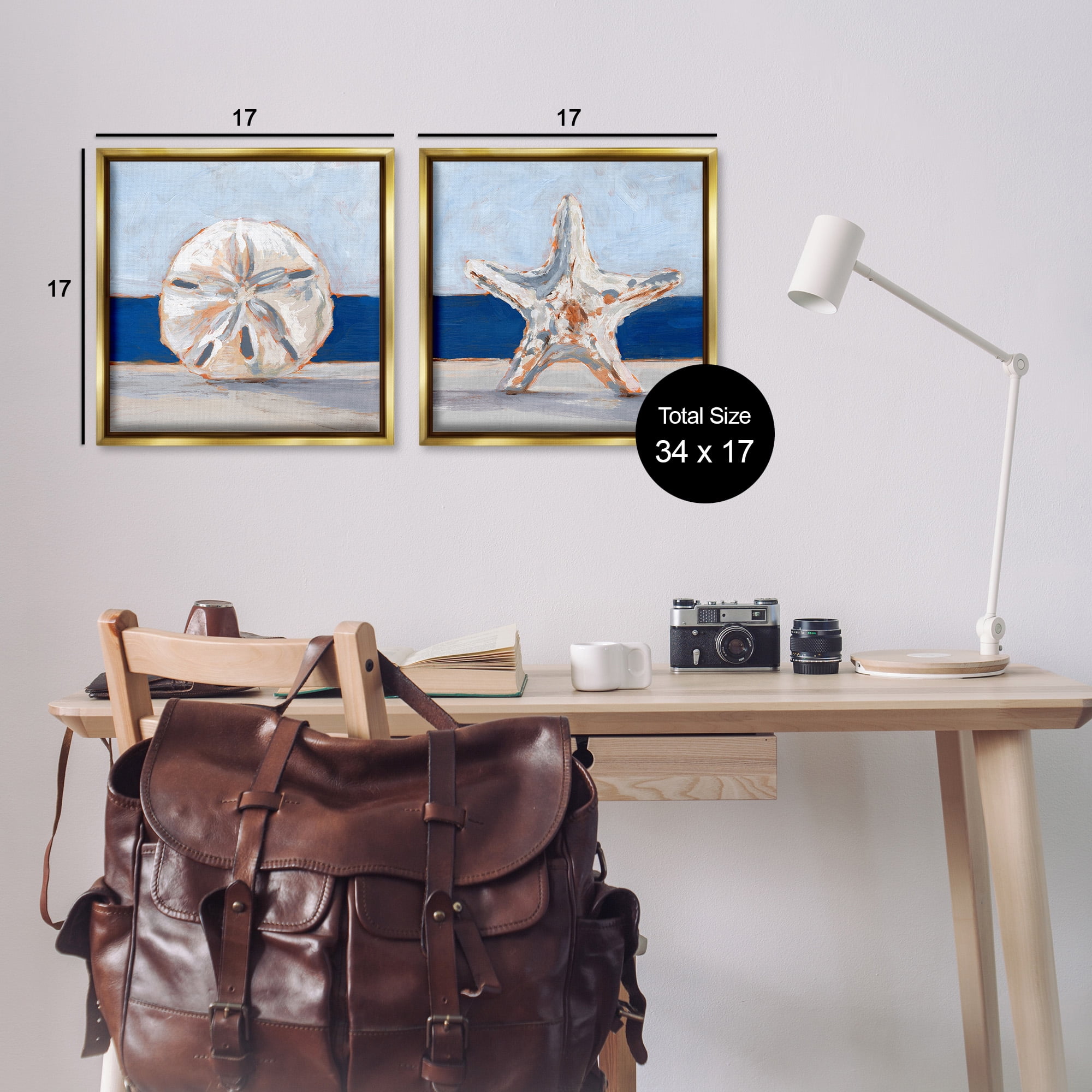 Stupell Industries Sea Life Starfish Seashell Painting Nature Painting Gold Floater Framed Canvas Art Print Wall Art, 18 x 18, Set of 2