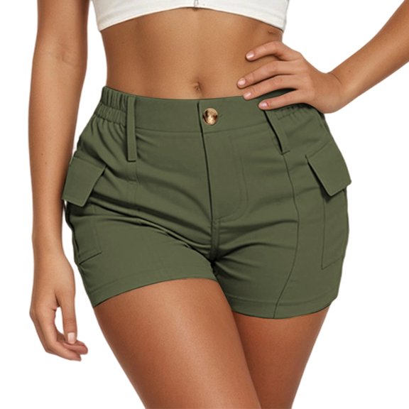 oqasdz Womens High Waisted Cargo Shorts Button Closure Solid Color Casual Shorts with Stretchy Fit and Functional Side Pockets