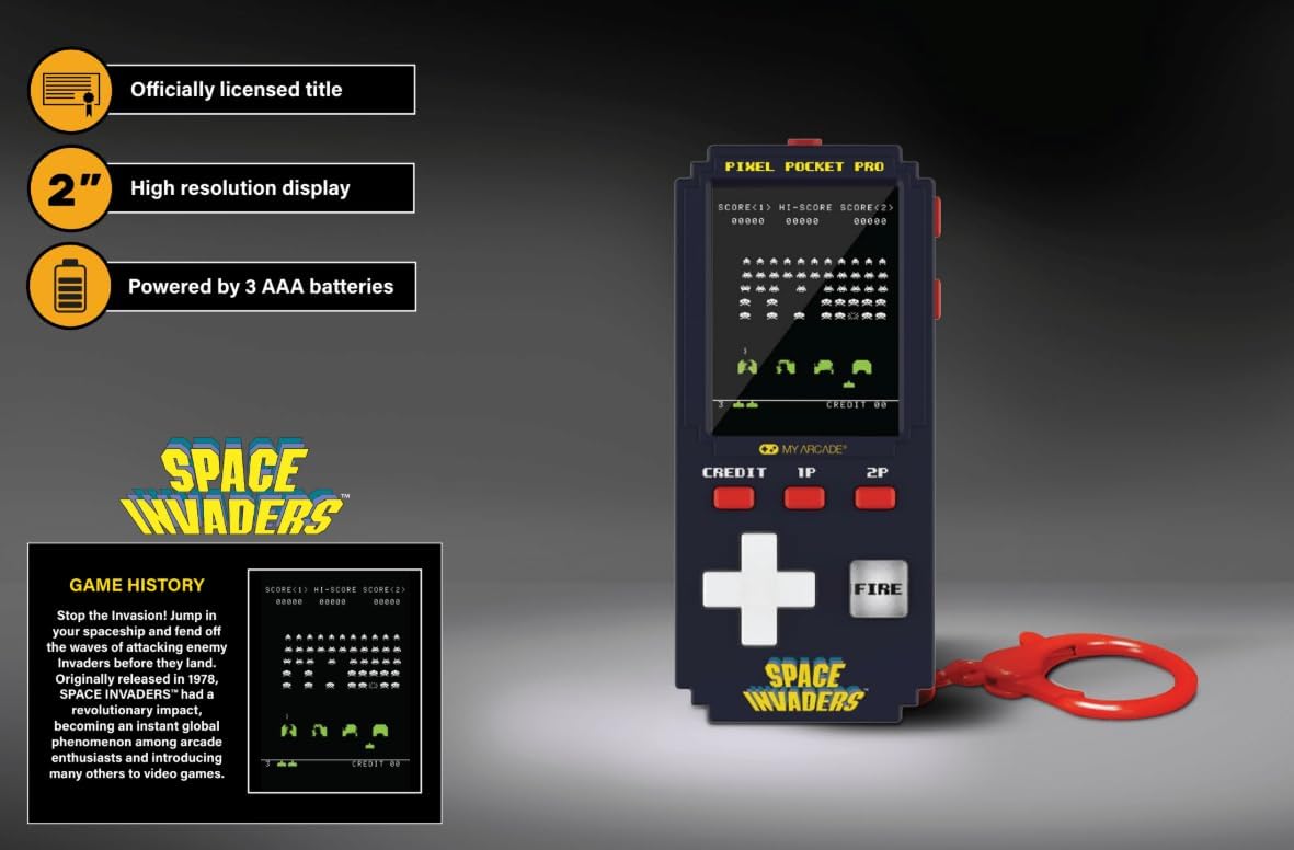 My Arcade Space Invaders Pixel Pocket Pro : Officially Licensed Space Invaders Video Game, Portable Keychain Arcade