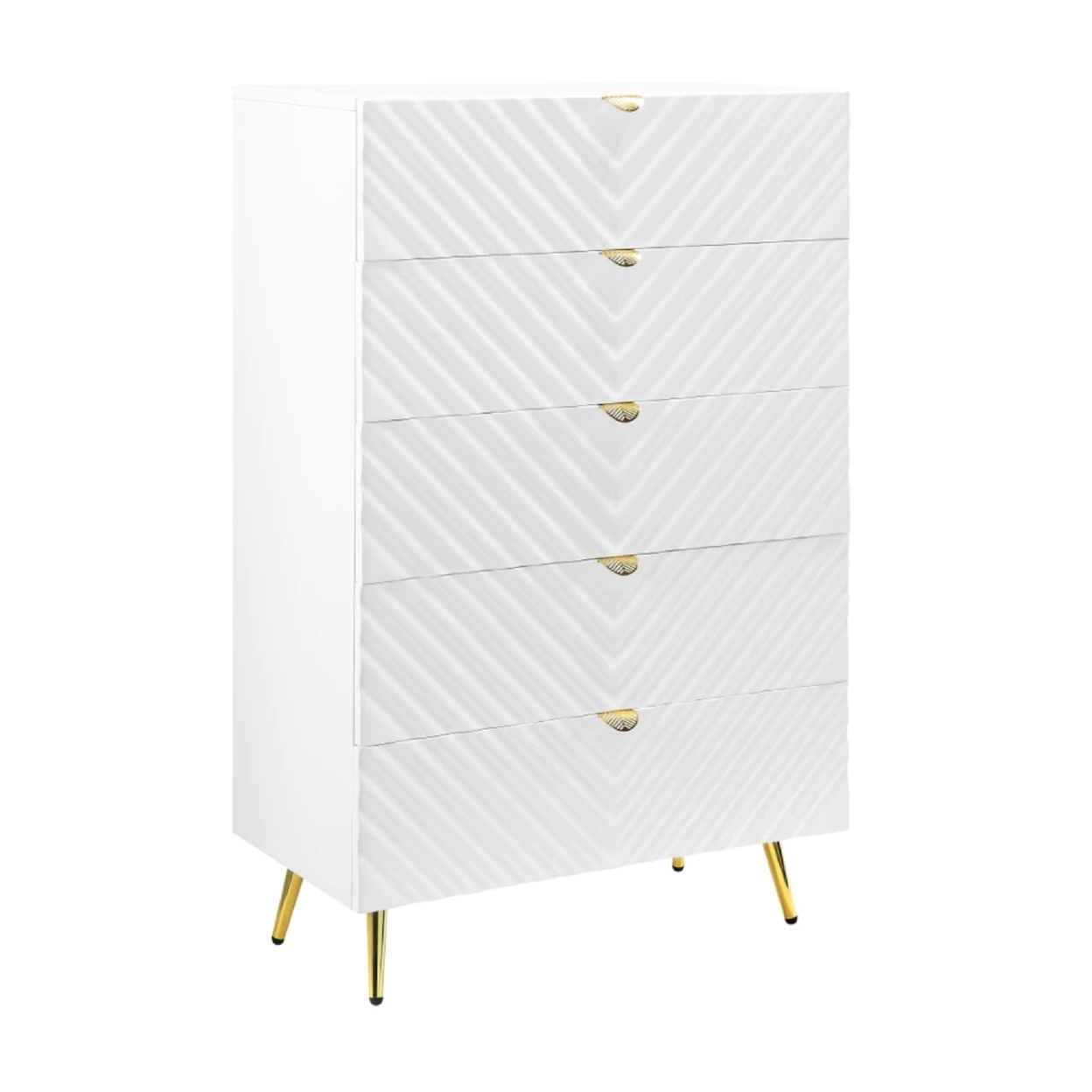 Tyra 49 Inch Wood Tall Dresser Chest, Wavy Design, Gold Metal Legs, White Saltoro Sherpi