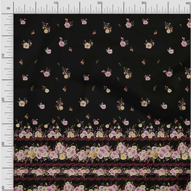 Soimoi Black Poly Georgette Fabric Floral Panel Print Sewing Fabric BTY 42 Inch Wide