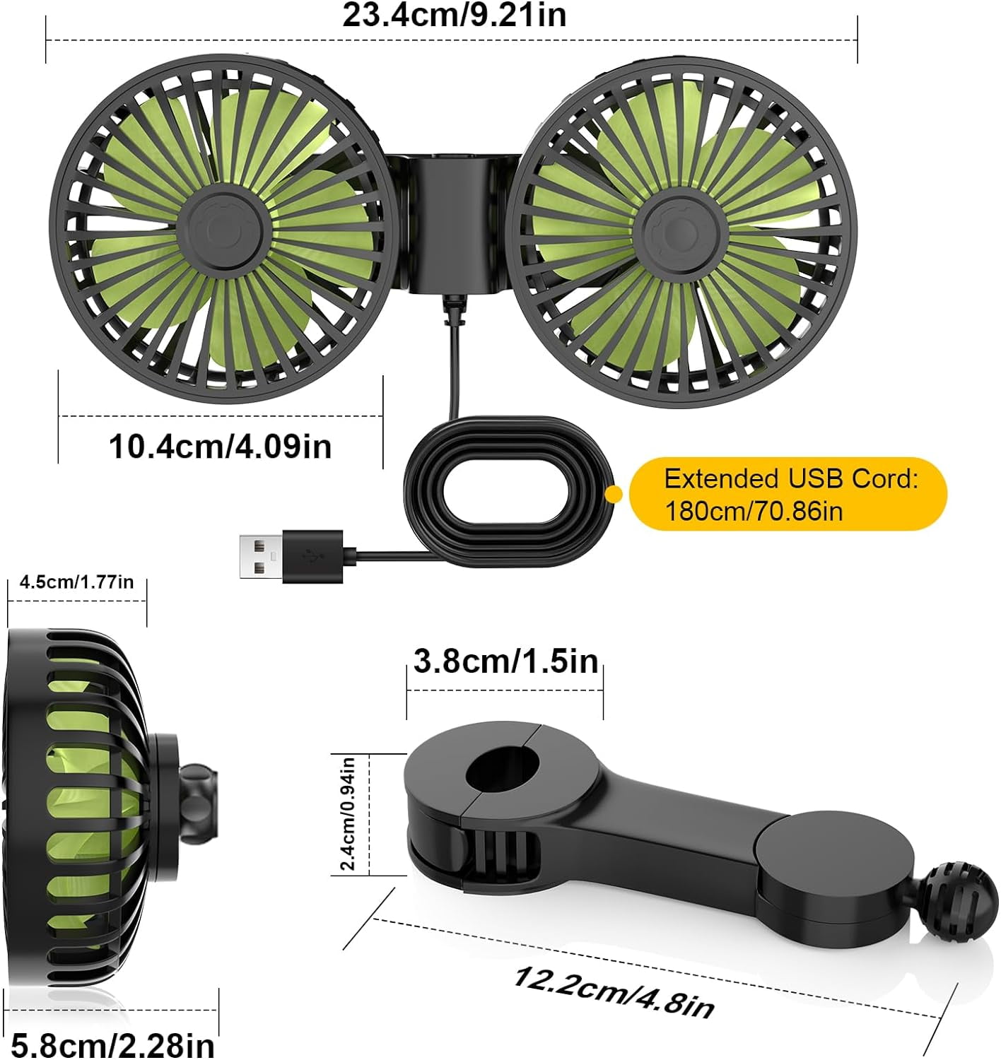 Wiher Car Fan for Backseat, Dual Head USB Car Seat Fan, 3 Speeds Strong Wind 360° Rotatable Vehicle Rear Headrest Fan for Car, Air Circulation Car Fans with Adjustable Clip for All Car Models