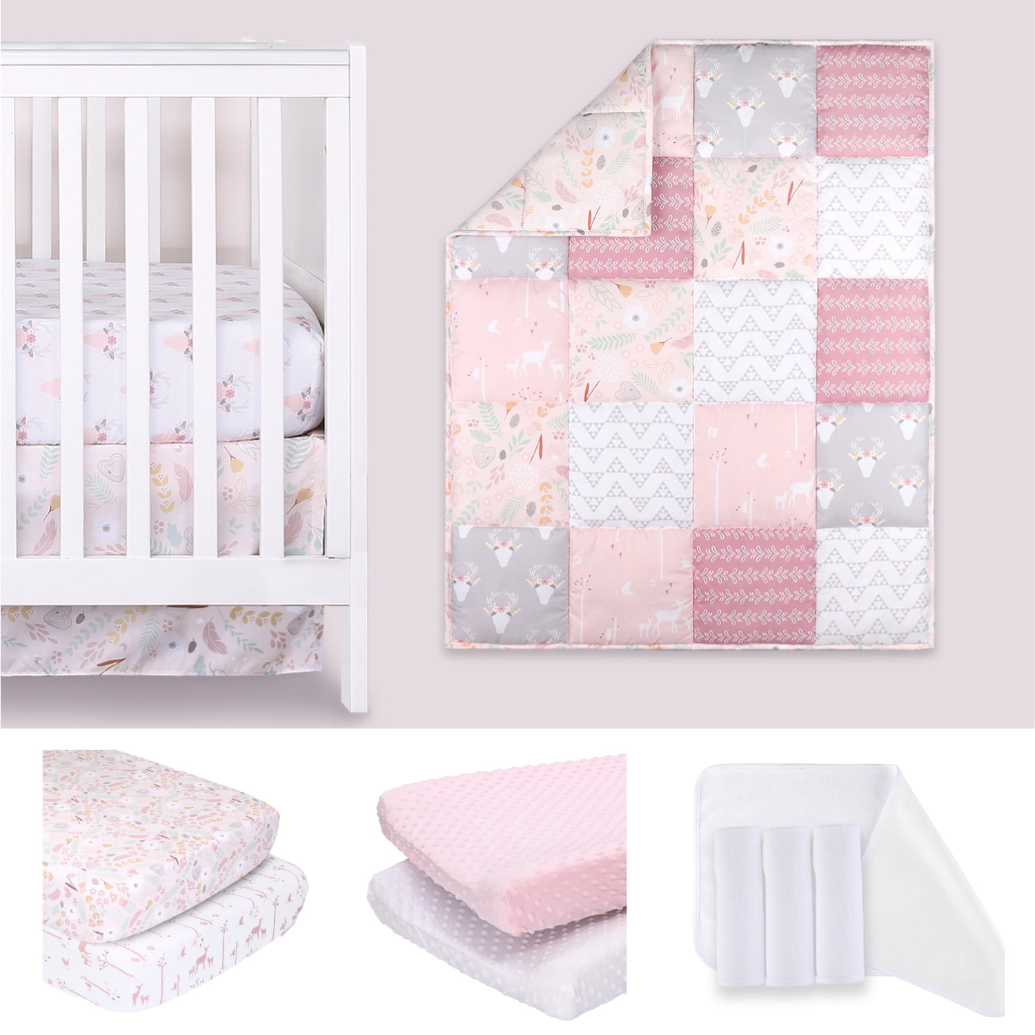 The Peanutshell Pink Floral Meadow 11 Piece Baby Nursery Crib Bedding