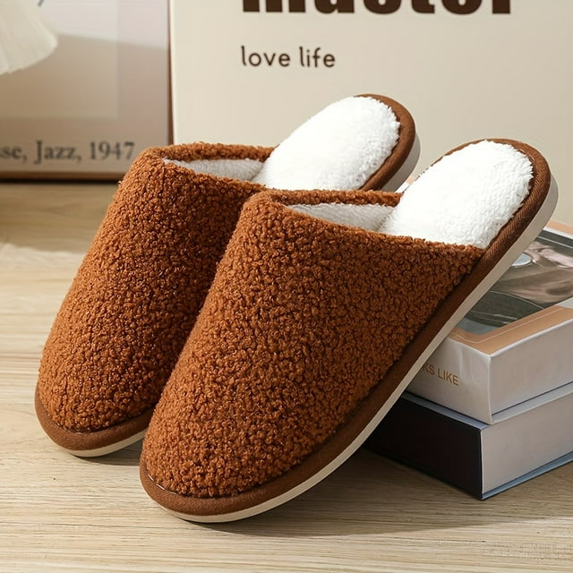 CHUANK Men‘s Cozy Plush Slippers - Solid Color Non-Slip Rubber Sole Perfect for Fall/Winter Indoor Comfort