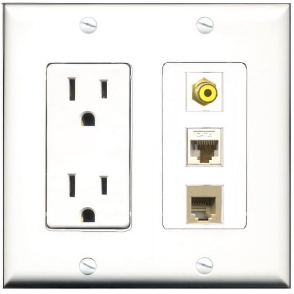 RiteAV - 15 Amp Power Outlet 1 Port RCA Yellow 1 Port Phone Beige 1 Port Cat6 Ethernet Ethernet White Decorative Wall Plate