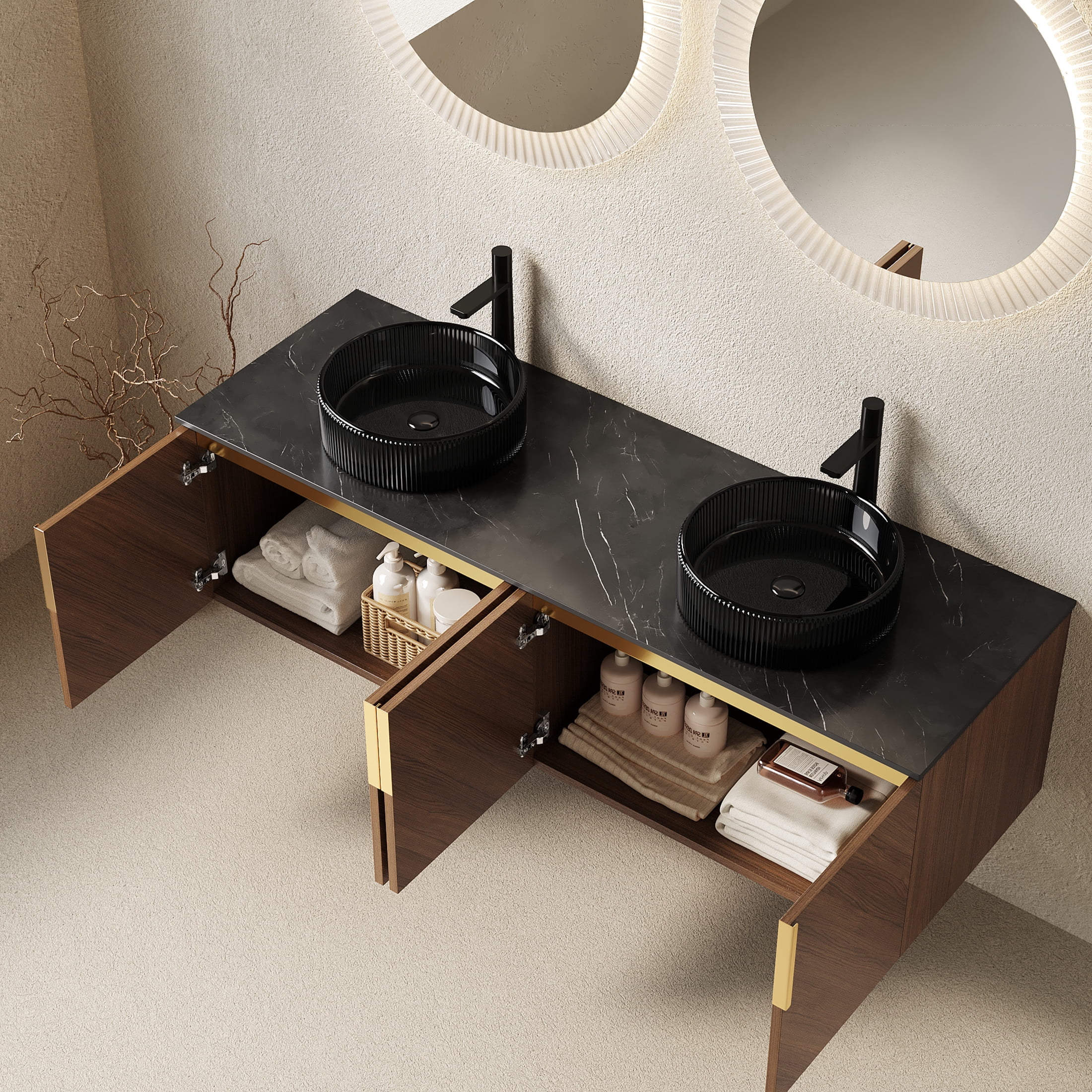 Noble House ARAI 60" Floating Double Bathroom Vanity, Sintered Stone Top Cabinet with Dual Black Glass Sink, Oak