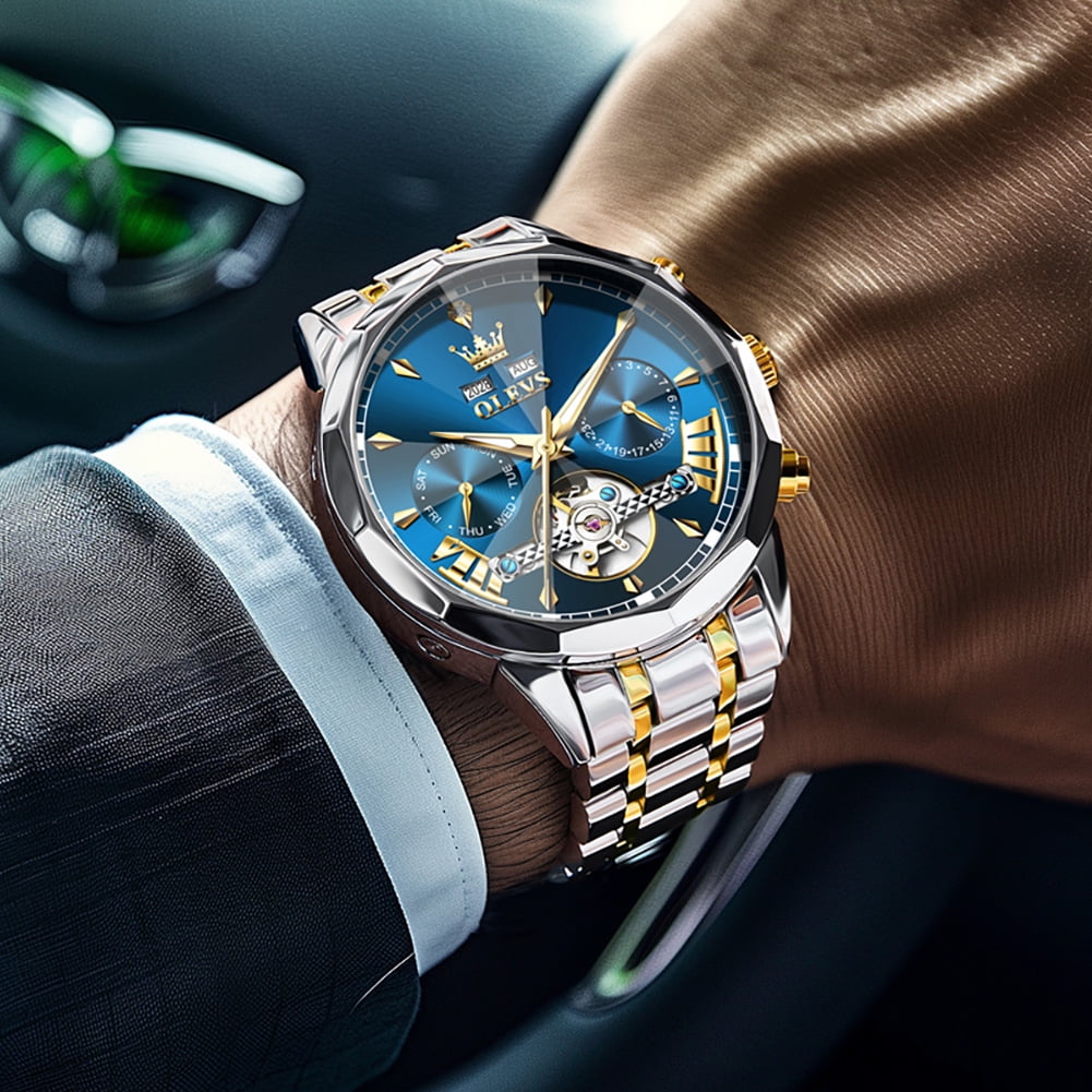 OLEVS Automatic Watches for Men Luxury Dress Waterproof Self Winding Mechanical Chronograph Diamond Stainless Steel Luminous Date Skeleton Tourbillon Mens Watches Gift Reloj Para Hombre Blue Dial