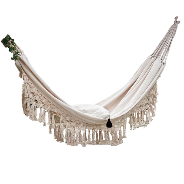 Graflsoa Nordic Style Fringe Double Hammock with Reinforced Ropes and Storage Bag, 200x150cm, White Canvas & Cotton Rope, Hand Wash Recommended