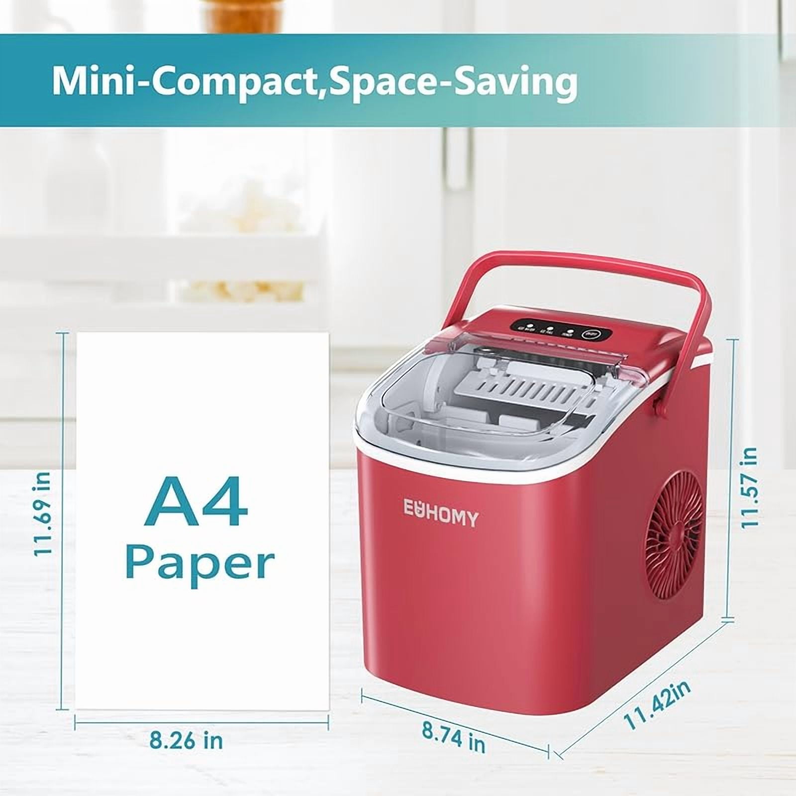 Countertop Ice Maker Machine with Handle, 26lbs Per Day, 9 Ice Cubes Ready in 6 Mins, Auto-Cleaning Portable Ice Maker with Basket and Scoop, for Home/Kitchen/Camping/RV (Red)