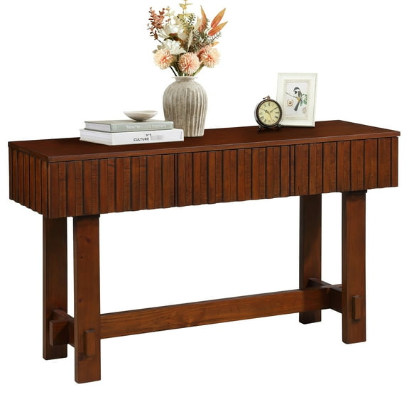 Mid Century Coffee Bar Table With 52 Inch Console And Drawers. Solid Wood Legs, Fluted, Cherry Hallway Storage. Console, Fluted Design, Color For Entryway