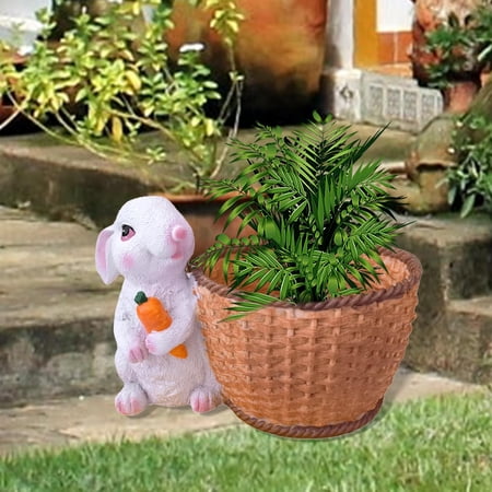 bunny Rabbit Statue, with Flower Pot with Flowers Table Centerpieces Animal Ornament Resin for Garden Outdoor Home Decor Indoor Lawn White