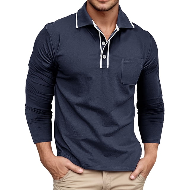 Adult Mens Polos Shirt Long Sleeve Button Tees Shirts Basic Blue Work Shirts for Man