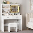 thumbnail image 2 of WALYWIK Vanity Desk with Sliding Mirror, Makeup Desk and Stool with Lights in 3 Colors, Girls Vanity Table with Charging Station, 2 Drawers & Storage Shelves for Bedroom,White, 2 of 6