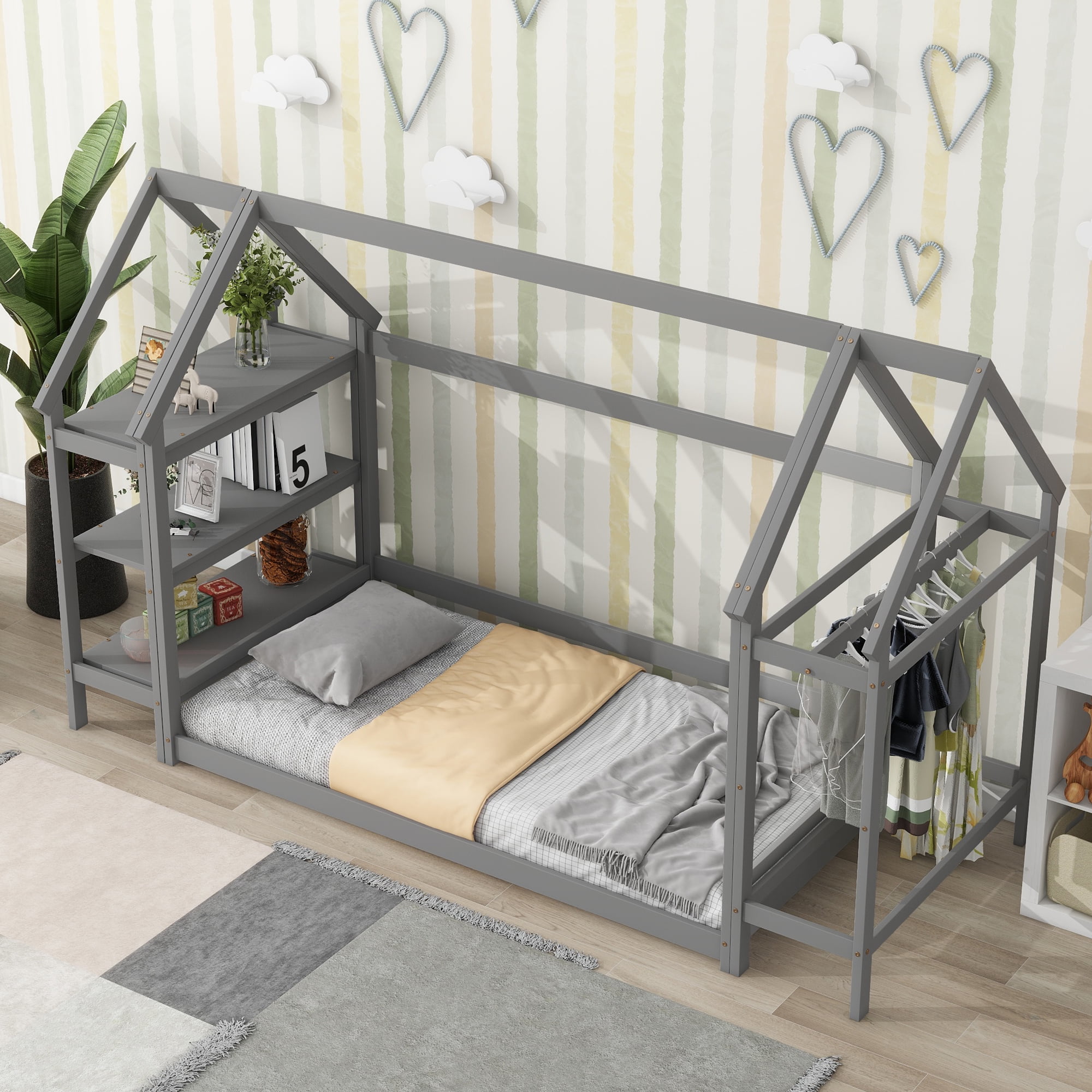 Euroco Wood Twin House-Shaped Floor Bed with Moveable Shelf and Wardrobe for Kids, Gray